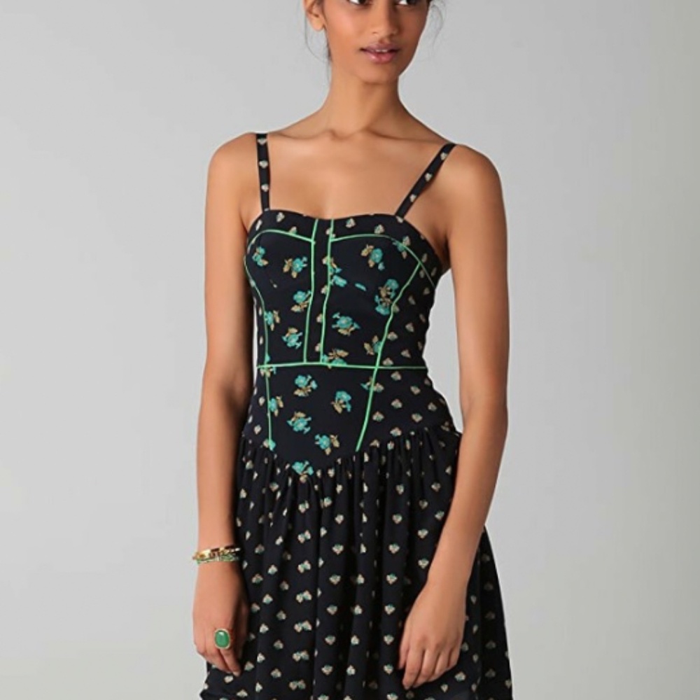 Rebecca Taylor - Navy Blue Lime Green Bustier Floral Ditsy Dress, Size 10